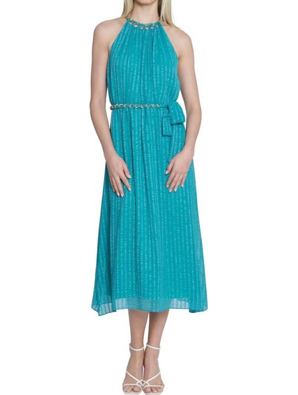 NEW MAGGY LONDON halter midi dress with gold chain trim in turquoise
